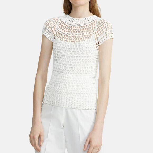 Theory Ivory Crochet T-Shirt Top P Short Sleeve Layered Knit Minimalist Tee - Picture 1 of 16